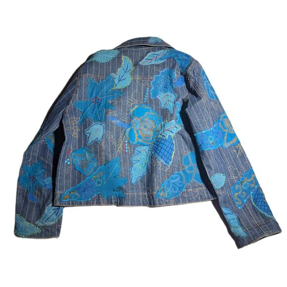 Vtg 1990s Chico's Blue Floral Applique Pinstripe Denim Open Front Jacket 1 M - Picture 2 of 3